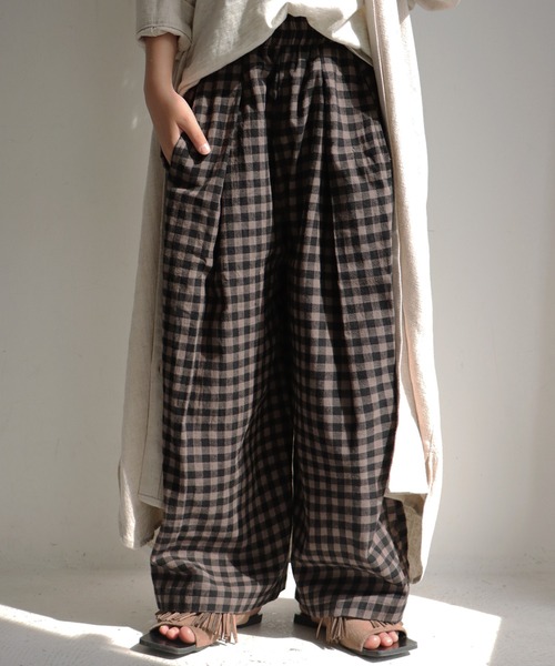 antiqua(アンティカ)の「ナチュラルチェックワイドパンツ(その他パンツ・キッズ・ブラウン系その他・4/6/3/5)」の1枚目の写真