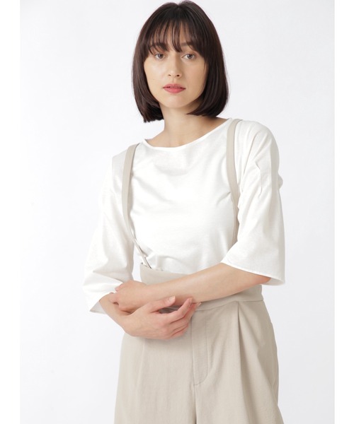 human woman(ヒューマンウーマン)の「◆コットン麻チドリジャージプルオーバー(Tシャツ/カットソー・レディース・ネイビー/ホワイト/ライトグリーン・MEDIUM)」の1枚目の写真