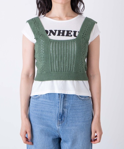 WEGO（ウィゴー）の「WEGO/【2点セット】Tシャツsetバックレースアップニットビスチェ（Tシャツ/カットソー・レディース・グリーン/ライトベージュ・FREE）」の6枚目の写真