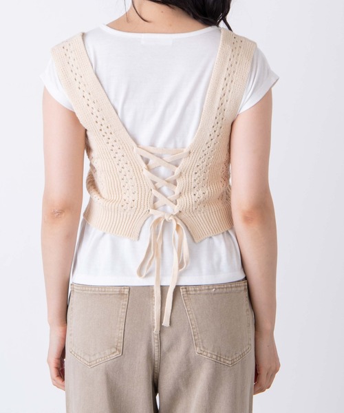 WEGO（ウィゴー）の「WEGO/【2点セット】Tシャツsetバックレースアップニットビスチェ（Tシャツ/カットソー・レディース・グリーン/ライトベージュ・FREE）」の5枚目の写真