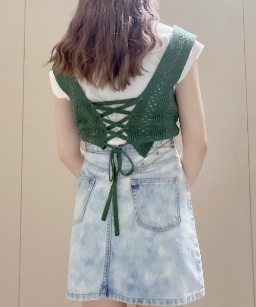 WEGO（ウィゴー）の「WEGO/【2点セット】Tシャツsetバックレースアップニットビスチェ（Tシャツ/カットソー・レディース・グリーン/ライトベージュ・FREE）」の15枚目の写真