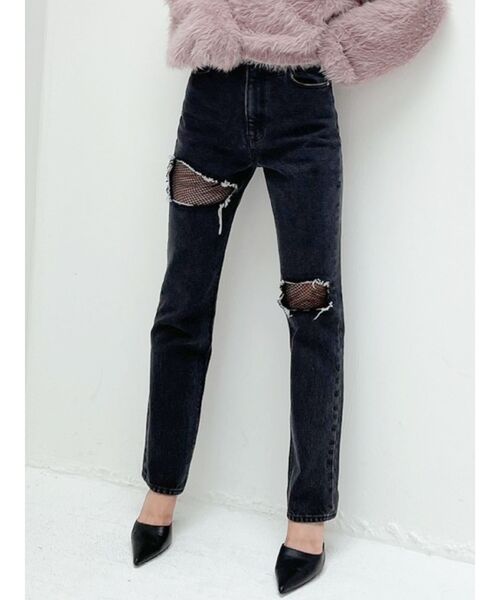 GYDA（ジェイダ）の「FISHNET TIGHTSデザインストレートデニムパンツ（デニムパンツ・レディース・インディゴブルー/ブラック・MEDIUM/SMALL）」の3枚目の写真