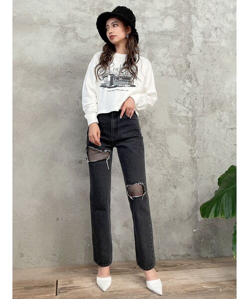 GYDA（ジェイダ）の「FISHNET TIGHTSデザインストレートデニムパンツ（デニムパンツ・レディース・インディゴブルー/ブラック・MEDIUM/SMALL）」の7枚目の写真