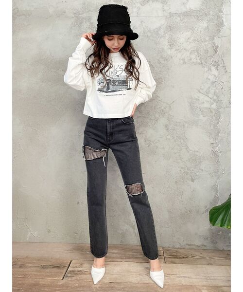 GYDA（ジェイダ）の「FISHNET TIGHTSデザインストレートデニムパンツ（デニムパンツ・レディース・インディゴブルー/ブラック・MEDIUM/SMALL）」の4枚目の写真