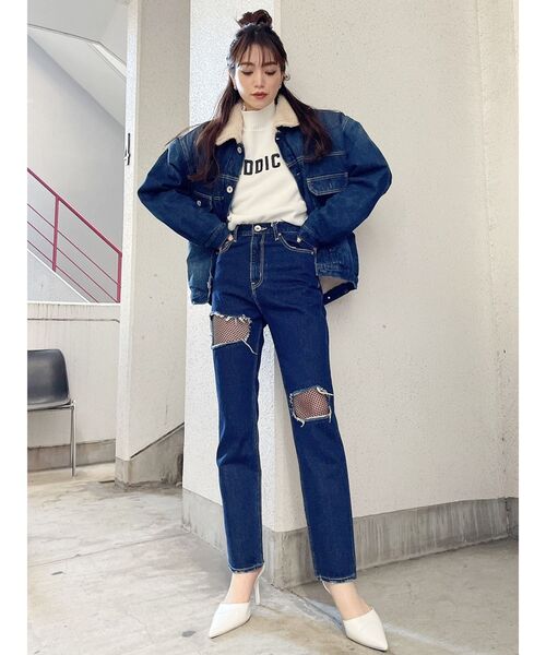 GYDA（ジェイダ）の「FISHNET TIGHTSデザインストレートデニムパンツ（デニムパンツ・レディース・インディゴブルー/ブラック・MEDIUM/SMALL）」の5枚目の写真