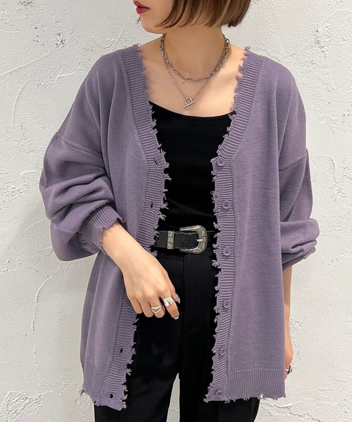 apres jour mignon（アプレジュールミニョン）の「ダメージカーディガン【ZOZOTOWN限定アイテム】（カーディガン/ボレロ・レディース・ブラック/パープル/オレンジ/グリーン/アイボリー・X-LARGE/フリー）」の4枚目の写真