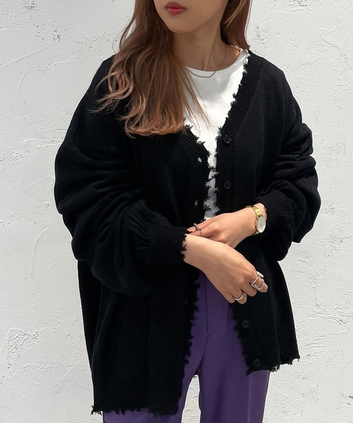 apres jour mignon（アプレジュールミニョン）の「ダメージカーディガン【ZOZOTOWN限定アイテム】（カーディガン/ボレロ・レディース・ブラック/パープル/オレンジ/グリーン/アイボリー・X-LARGE/フリー）」の9枚目の写真