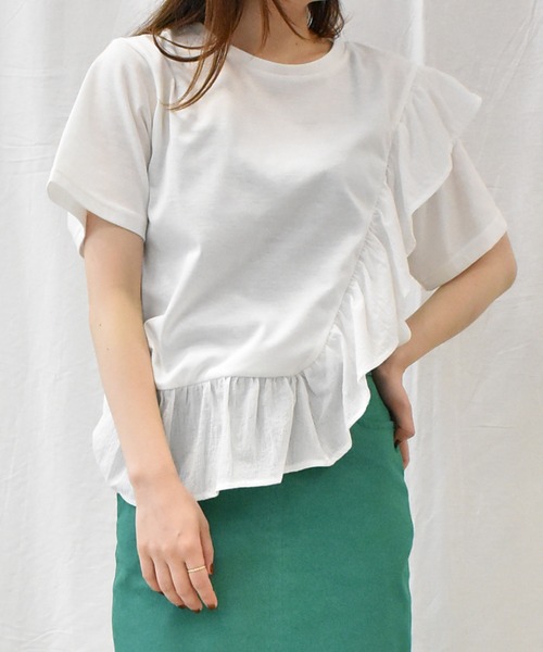 RANAN（ラナン）の「[接触冷感]フリルドッキングTシャツ（Tシャツ/カットソー・レディース・セージグリーン/オフホワイト/ピンク/ブルー/ブラック・M/LL/L）」の2枚目の写真