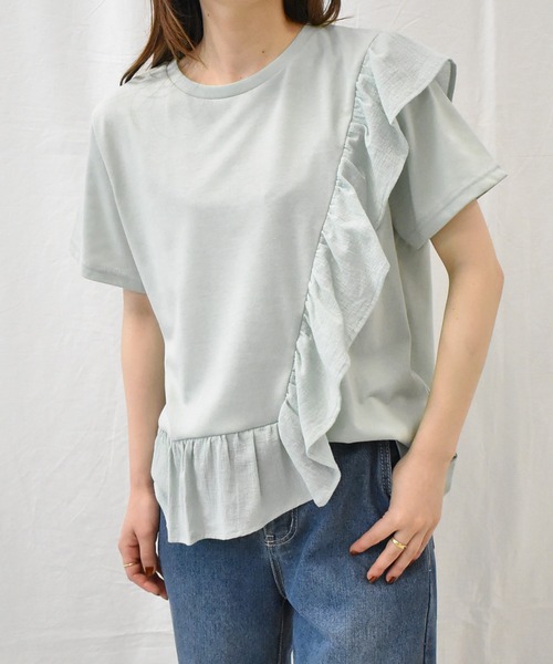 RANAN（ラナン）の「[接触冷感]フリルドッキングTシャツ（Tシャツ/カットソー・レディース・セージグリーン/オフホワイト/ピンク/ブルー/ブラック・M/LL/L）」の4枚目の写真