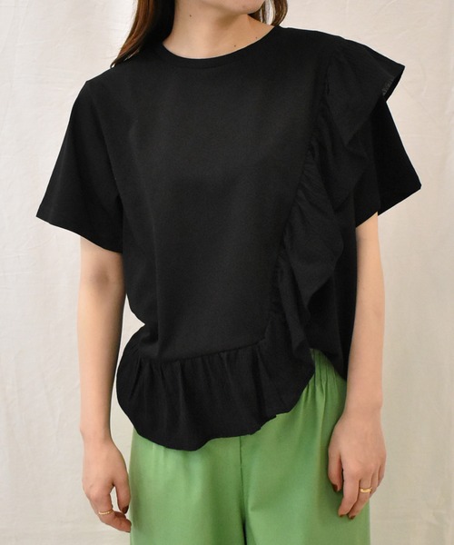 RANAN（ラナン）の「[接触冷感]フリルドッキングTシャツ（Tシャツ/カットソー・レディース・セージグリーン/オフホワイト/ピンク/ブルー/ブラック・M/LL/L）」の3枚目の写真