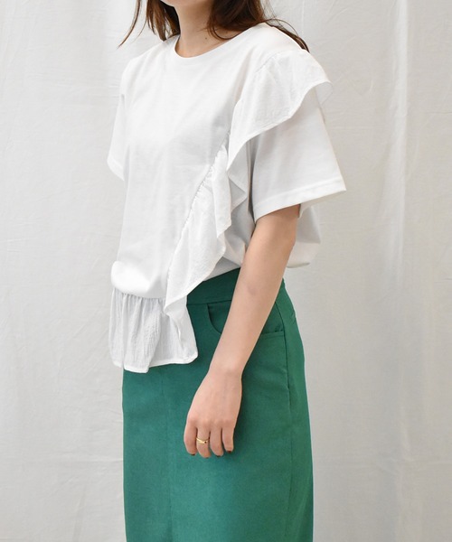 RANAN（ラナン）の「[接触冷感]フリルドッキングTシャツ（Tシャツ/カットソー・レディース・セージグリーン/オフホワイト/ピンク/ブルー/ブラック・M/LL/L）」の11枚目の写真