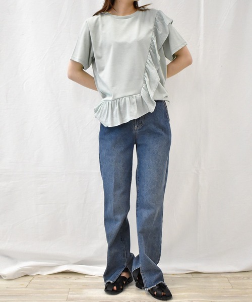 RANAN（ラナン）の「[接触冷感]フリルドッキングTシャツ（Tシャツ/カットソー・レディース・セージグリーン/オフホワイト/ピンク/ブルー/ブラック・M/LL/L）」の21枚目の写真