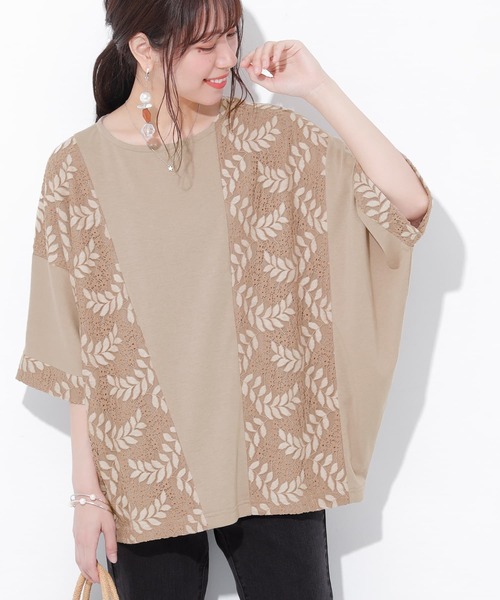 osharewalker（オシャレウォーカー）の「【廃盤】『レース切替ドルマンカットソー』（Tシャツ/カットソー・レディース・ベージュ/ミント/ラベンダー/ナチュラル/チャコール・FREE）」の3枚目の写真