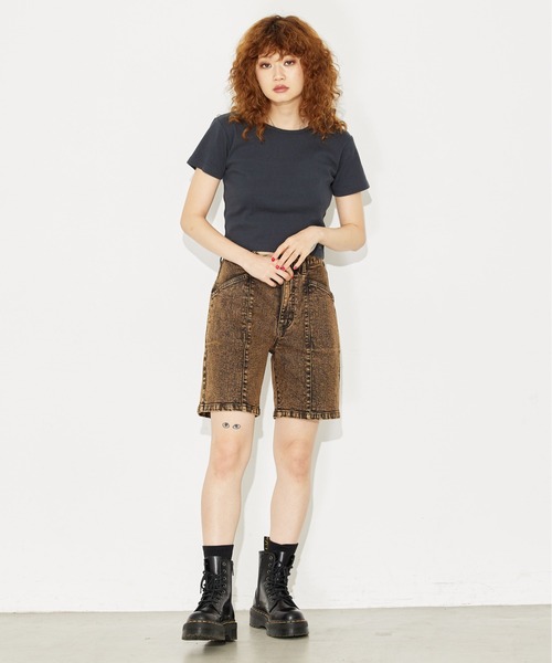 X-girl（エックスガール）の「FACE S/S BABY TOP/フェイスロゴ/ショート丈  チビT/Tシャツ（Tシャツ/カットソー・レディース・ホワイト/イエロー/チャコール・S/M）」の20枚目の写真