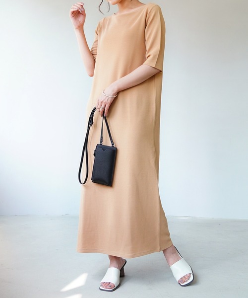 IAMUSE（アイアミューズ）の「ボートネック×ハーフスリーブ/クルーネック×フレンチスリーブ ロングワンピース S0071【IAMUSE】（ワンピース・レディース・ベージュ/グリーン/ブラック/ブラック系1・FREE）」の3枚目の写真