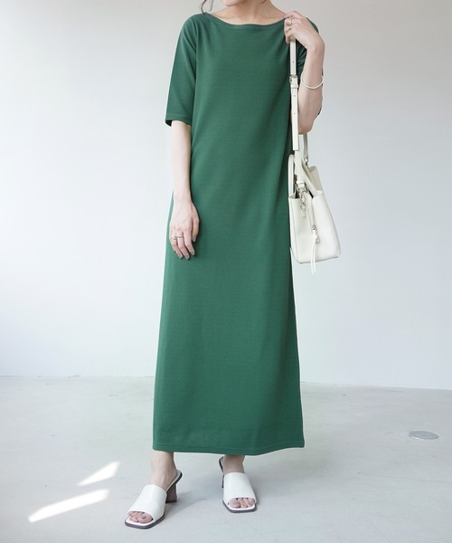 IAMUSE（アイアミューズ）の「ボートネック×ハーフスリーブ/クルーネック×フレンチスリーブ ロングワンピース S0071【IAMUSE】（ワンピース・レディース・ベージュ/グリーン/ブラック/ブラック系1・FREE）」の4枚目の写真