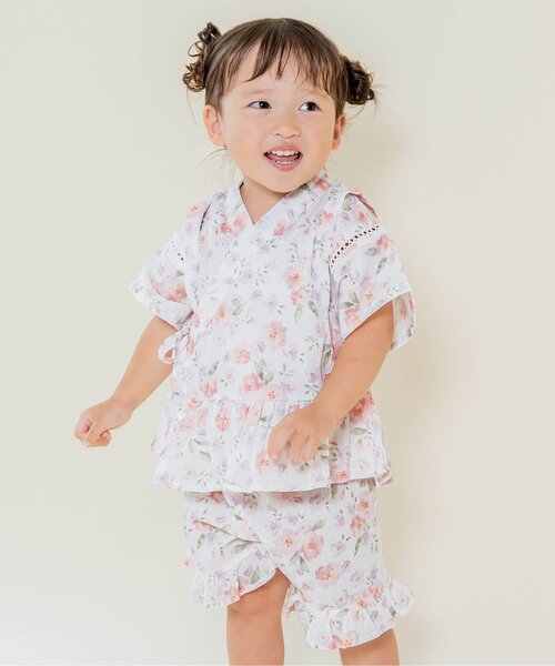 Ampersand（アンパサンド）の「フラワー柄甚平（浴衣・キッズ・ネイビー/オフホワイト・90/100/110/120/80/130/140）」の2枚目の写真