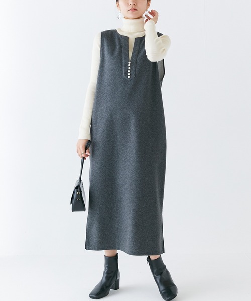 INCEDE（インシード）の「スキッパーフロント メルトンジャンパースカート（ジャンパースカート・レディース・ブラック/オフホワイト/グレー・M/L/LL/3L/4L）」の3枚目の写真