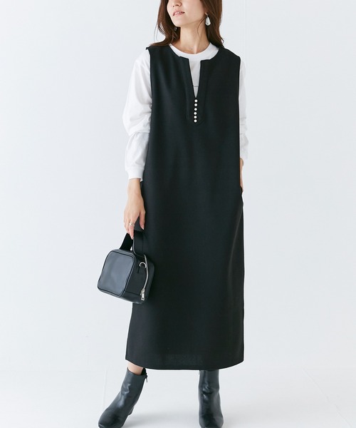 INCEDE（インシード）の「スキッパーフロント メルトンジャンパースカート（ジャンパースカート・レディース・ブラック/オフホワイト/グレー・M/L/LL/3L/4L）」の2枚目の写真