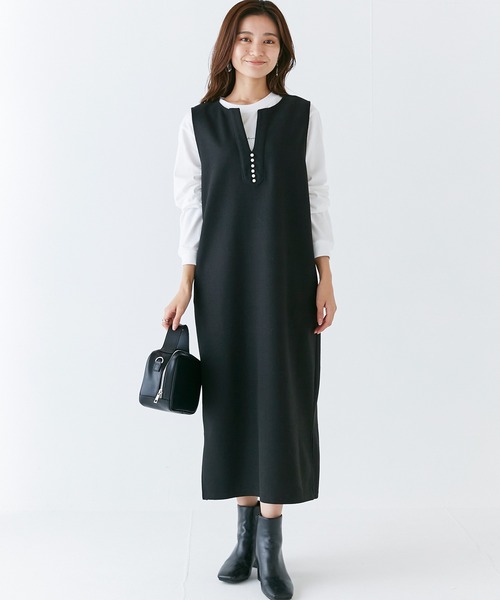 INCEDE（インシード）の「スキッパーフロント メルトンジャンパースカート（ジャンパースカート・レディース・ブラック/オフホワイト/グレー・M/L/LL/3L/4L）」の8枚目の写真