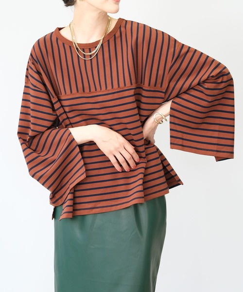 ANDJ(アンドジェイ)の「【2022/AW】パネルボーダー袖スリットTシャツ(Tシャツ/カットソー・レディース・ブラック/オフホワイト/ブラウン・M)」の1枚目の写真