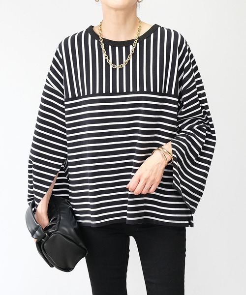 ANDJ(アンドジェイ)の「【2022/AW】パネルボーダー袖スリットTシャツ(Tシャツ/カットソー・レディース・ブラック/オフホワイト/ブラウン・M)」の3枚目の写真