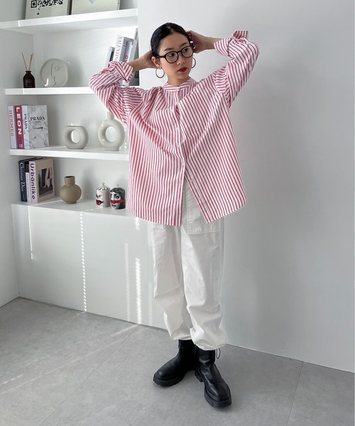 feepur（フェピュール）の「ノーカラーストライプビッグシャツ