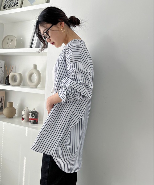 春夏 ノーカラー ストライプシャツ ユニセックス feepur ブラウス シャツ ノーカラーストライプビッグシャツ