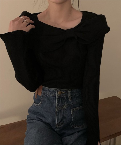 LOPASS（ロパス）の「蝶結びデザインのカットソー（Tシャツ/カットソー・レディース・ブラック/レッド/ベージュ・M）」の2枚目の写真