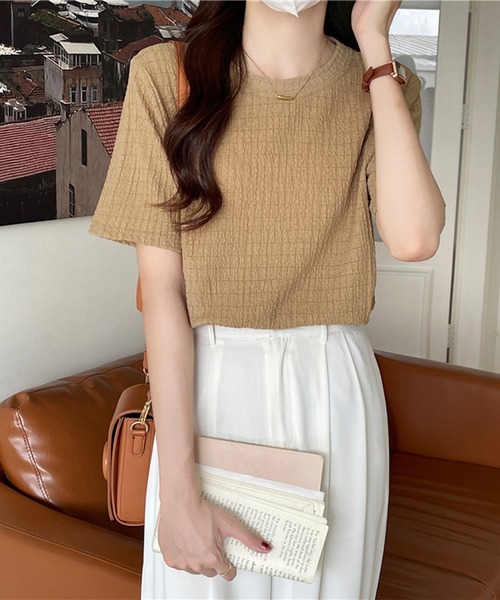 Chaco closet(チャコ クローゼット)の「ぽこぽこジャガード半袖Tシャツ(Tシャツ/カットソー・レディース・ブラック/サックスブルー/ホワイト/ベージュ・FREE)」の3枚目の写真