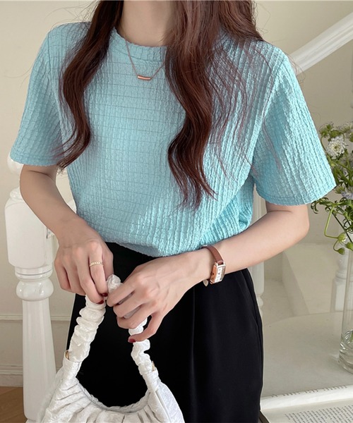 Chaco closet(チャコ クローゼット)の「ぽこぽこジャガード半袖Tシャツ(Tシャツ/カットソー・レディース・ブラック/サックスブルー/ホワイト/ベージュ・FREE)」の4枚目の写真