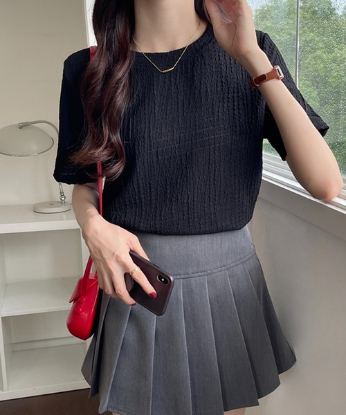 Chaco closet(チャコ クローゼット)の「ぽこぽこジャガード半袖Tシャツ(Tシャツ/カットソー・レディース・ブラック/サックスブルー/ホワイト/ベージュ・FREE)」の2枚目の写真