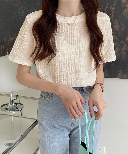 Chaco closet(チャコ クローゼット)の「ぽこぽこジャガード半袖Tシャツ(Tシャツ/カットソー・レディース・ブラック/サックスブルー/ホワイト/ベージュ・FREE)」の9枚目の写真
