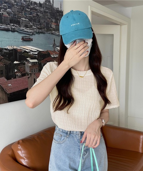 Chaco closet(チャコ クローゼット)の「ぽこぽこジャガード半袖Tシャツ(Tシャツ/カットソー・レディース・ブラック/サックスブルー/ホワイト/ベージュ・FREE)」の14枚目の写真