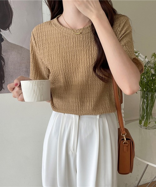Chaco closet(チャコ クローゼット)の「ぽこぽこジャガード半袖Tシャツ(Tシャツ/カットソー・レディース・ブラック/サックスブルー/ホワイト/ベージュ・FREE)」の7枚目の写真