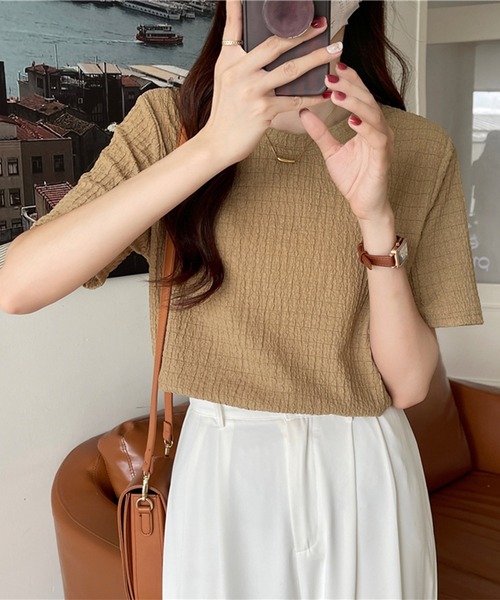 Chaco closet(チャコ クローゼット)の「ぽこぽこジャガード半袖Tシャツ(Tシャツ/カットソー・レディース・ブラック/サックスブルー/ホワイト/ベージュ・FREE)」の11枚目の写真