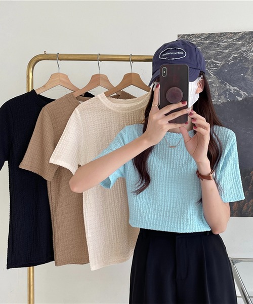 Chaco closet(チャコ クローゼット)の「ぽこぽこジャガード半袖Tシャツ(Tシャツ/カットソー・レディース・ブラック/サックスブルー/ホワイト/ベージュ・FREE)」の5枚目の写真