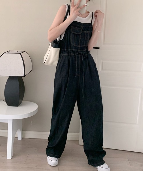 セール】レディース ワイドデニムウエストマークオーバーオール