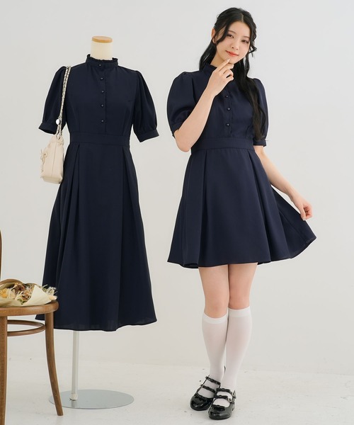 Newlyme(ニューリーミー)の「フリルスタンドカラーワンピース(ワンピース・レディース・ブラック/ブルー/ライトブラック/ライトベージュ/ベージュ/ライトブルー/ブルー系その他/ネイビー・MEDIUM/XX-LARGE/LARGE/X-LARGE/LL/3L)」の9枚目の写真