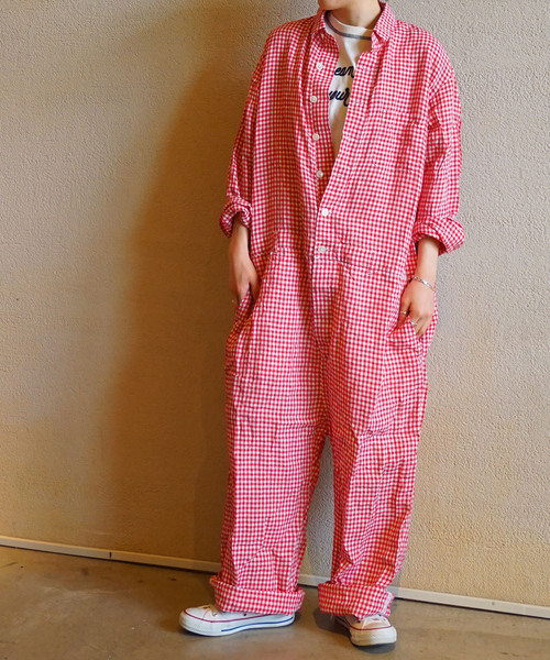 セール】リネンギンガム オールインワン（つなぎ/オールインワン
