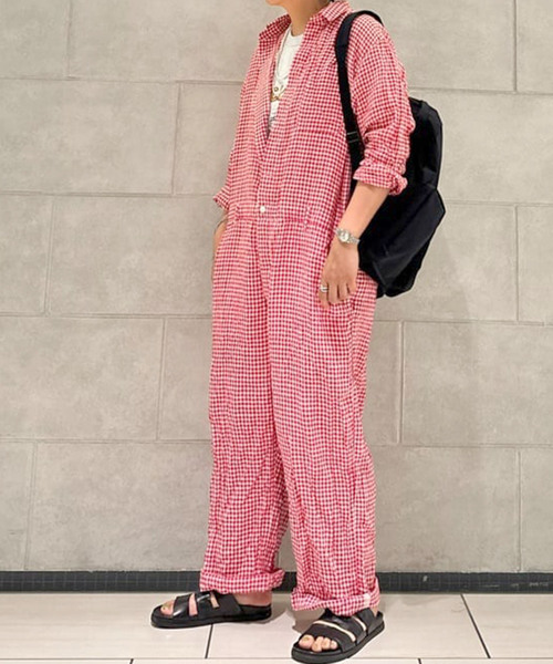 セール】リネンギンガム オールインワン（つなぎ/オールインワン