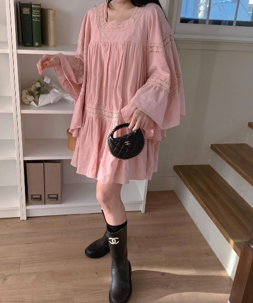 だいあもんど様用　JENNE ドーリーボリュームチュニック　ピンク ミニ丈ドレス風トップス】シルク混ボリュームフレアチュニック