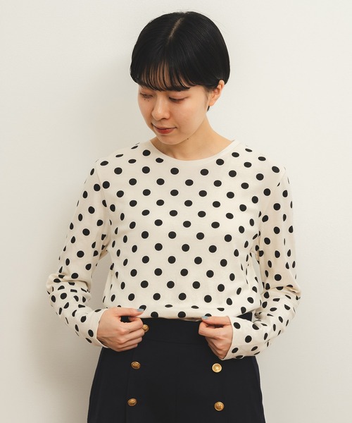 【残りわずか】 フライスドットプリント クルーネック長袖プルオーバー（Tシャツ トップス