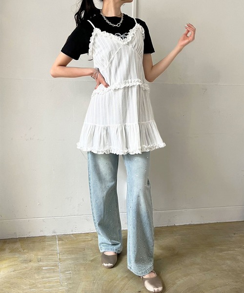 Jewelobe（ジュエローブ）の「フリル×コットンストライプビスチェディテールキャミチュニック（キャミソール・レディース・ホワイト/ブラック/グレー系その他/アイボリー/オフホワイト・FREE）」の17枚目の写真