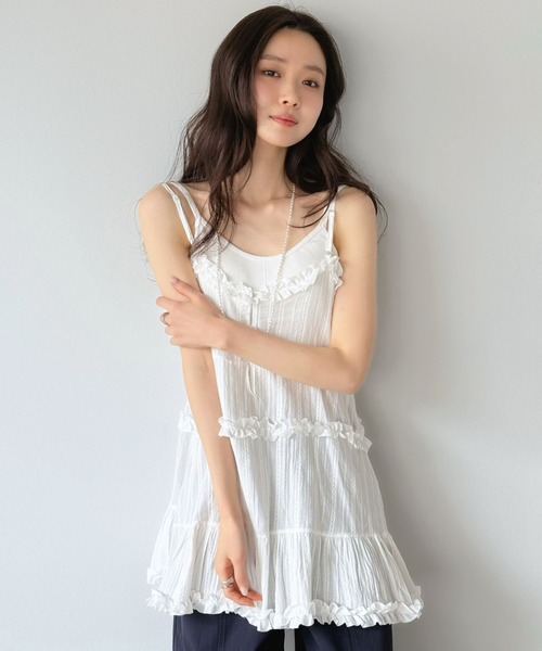 フリル×コットンストライプビスチェディテールキャミチュニック