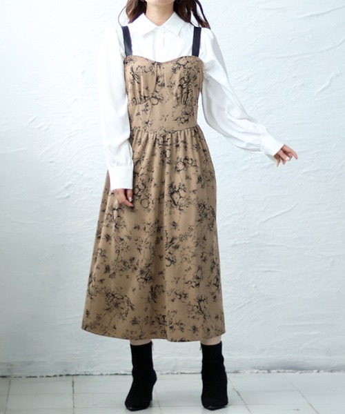 GOLDJAPAN(ゴールドジャパン)の「コーデュロイ花柄ジャンパースカート【大きいサイズ対応】(スカート・レディース・モカ/オフホワイト・5L/4L/3L)」の1枚目の写真