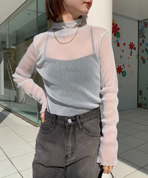 SHEPP(シープ)の「シアー ラメフリルネックカットソー(Tシャツ/カットソー・レディース・ブラック/ホワイト/ブラウン/ブルー・FREE)」の11枚目の写真
