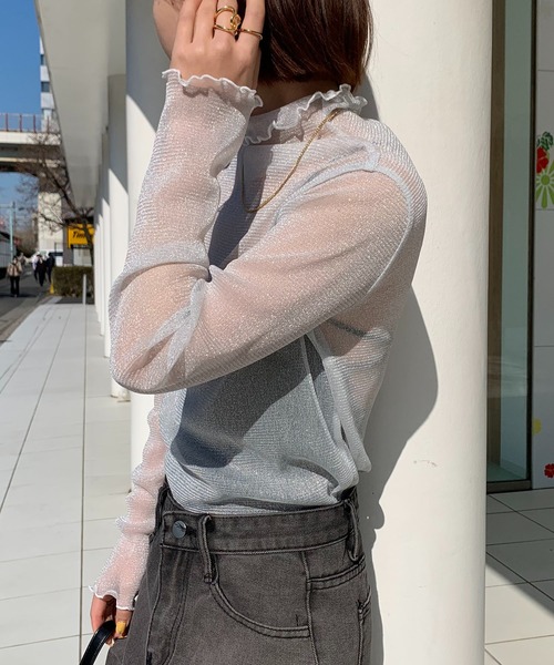 SHEPP(シープ)の「シアー ラメフリルネックカットソー(Tシャツ/カットソー・レディース・ブラック/ホワイト/ブラウン/ブルー・FREE)」の13枚目の写真