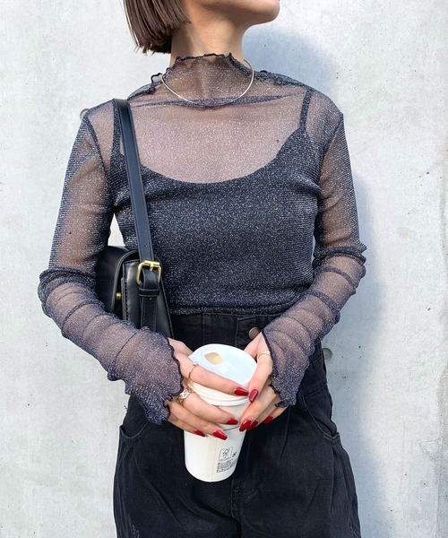 SHEPP(シープ)の「シアー ラメフリルネックカットソー(Tシャツ/カットソー・レディース・ブラック/ホワイト/ブラウン/ブルー・FREE)」の10枚目の写真