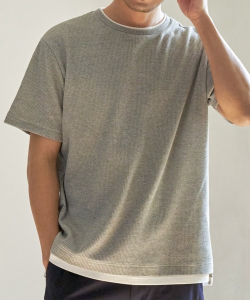 ikka（イッカ）の「【雑誌MonoMax4月号掲載】メランジワッフルフェイクTシャツ（Tシャツ/カットソー・メンズ・ブラック/グレー/オリーブ/ブルー/ピンク・S/M/L/XL）」の7枚目の写真